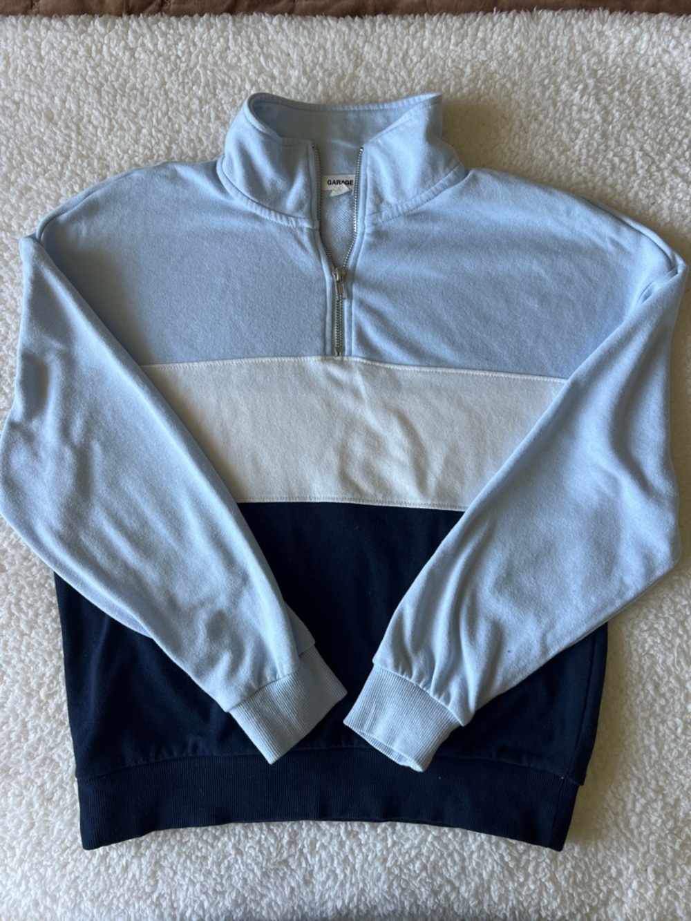 Garage Women ‘s Colorblock Quarter-Zip Sweatshirt- Light Blue/White/Navy